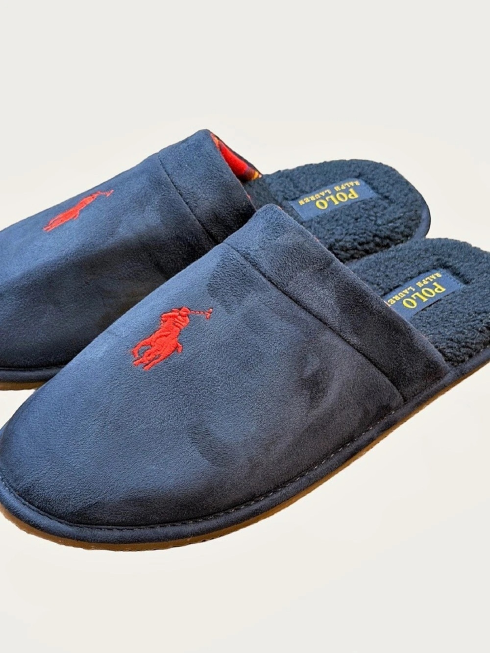 NWOB Polo Ralph Lauren Men’s Slippers Red Pony Navy Blue Velour House Shoes SZ 9